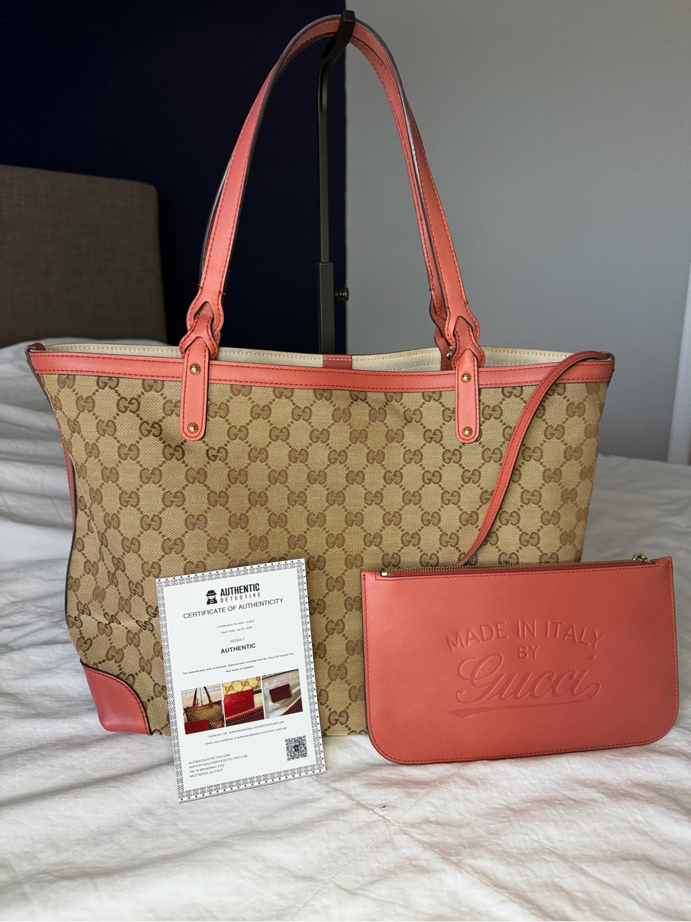 Gucci GG Supreme Monogram Tote with Canvas Tote with Coral Trim and Pouch